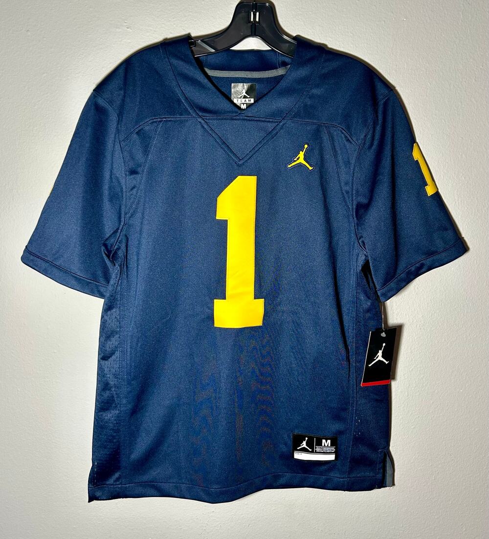 NWT Michigan Wolverines #1 NCAA Jordan Men’s Football Jersey Blue Stitched Sz M